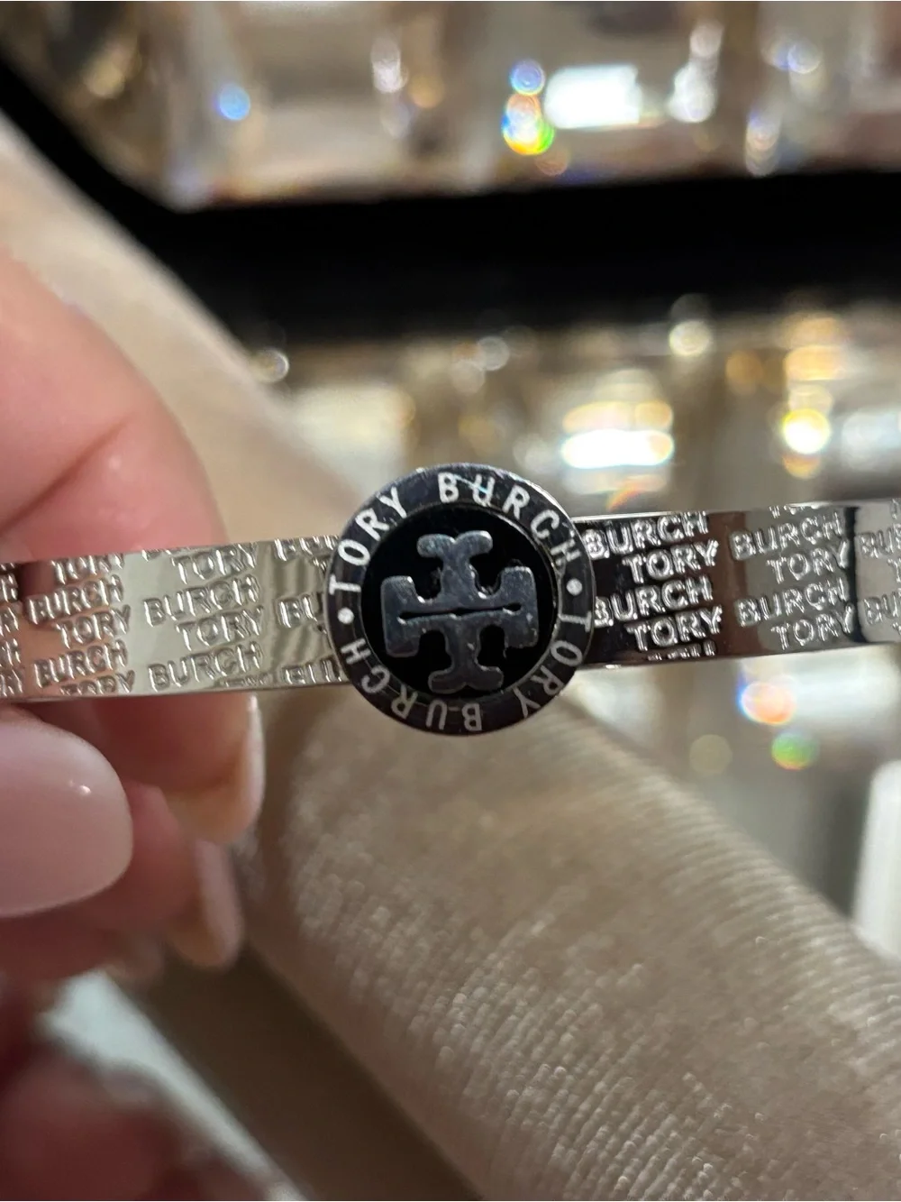 Tory Burch Silver-Tone Bracelet with Black Enamel Logo